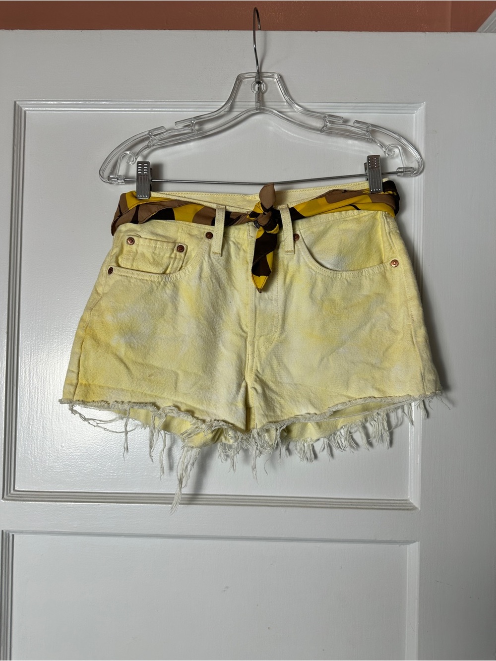 Levi's Pale Yellow Distressed Denim Shorts with Vintage Scarf Belt